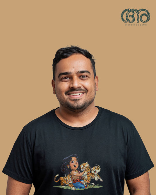 Black T-shirt with Sabarimala-themed design worn by a man